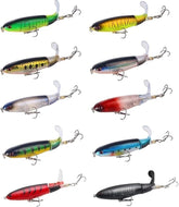 10Pcs Bass Topwater Lures Whopper Popper with floating rotating tail and 3D eyes